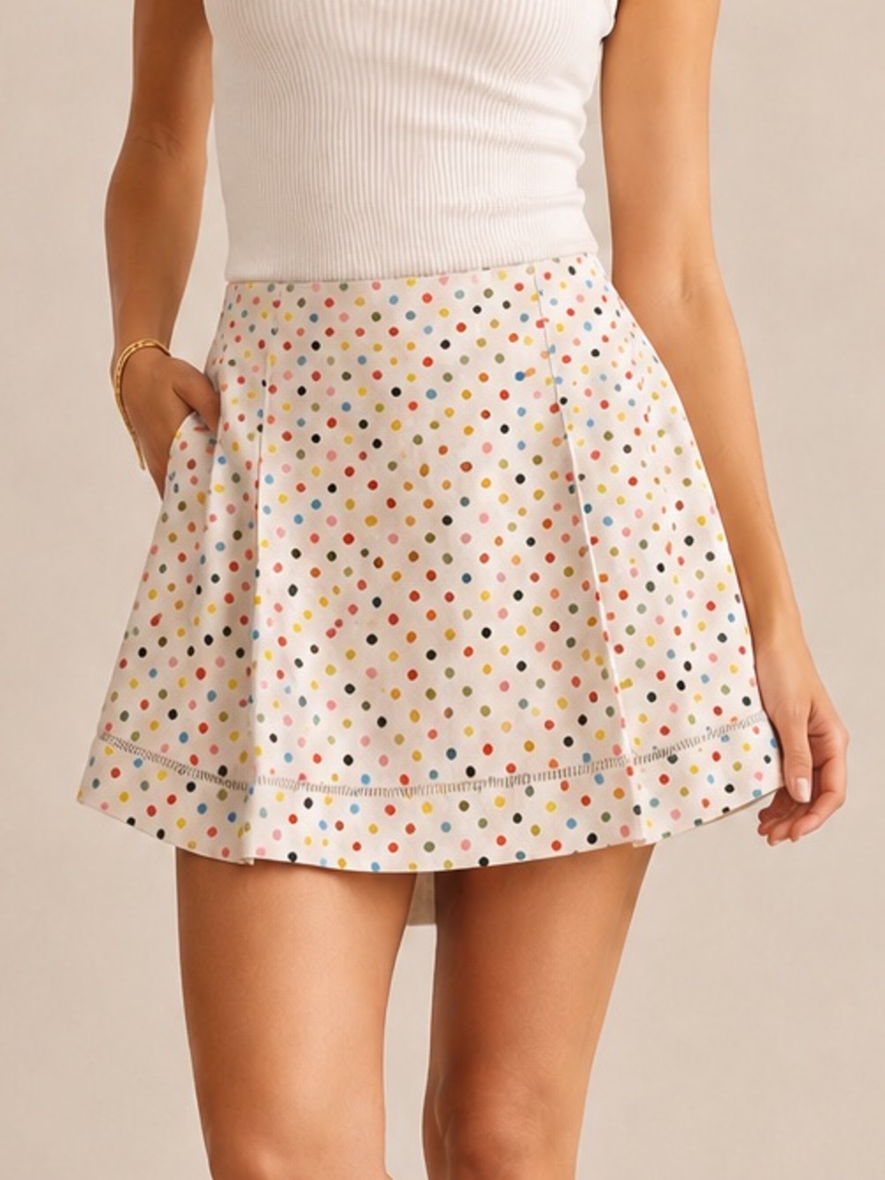 Cynthia Steffe 100% Silk Cream Polka Dot A Line Skirt Colorful Whimsical 8